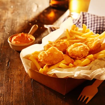 Box of crispy bite sized pieces of golden fried fish in batter and potato chips with an accompanying dipping sauce on a wooden table