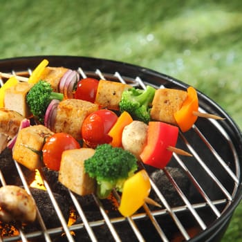 Tofu skewers with colorful vegetables including broccoli, sweet pepper,smoked tofu, tomatoes , onions and mushrooms, grilling on a barbecue
