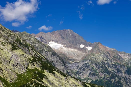 View of mountain peaks in spring time in switzerland