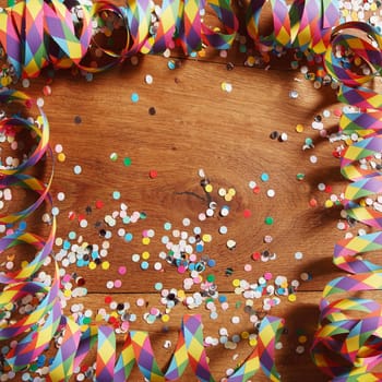 Colorful carnival frame over a wooden background with streamers and confetti with central copyspace
