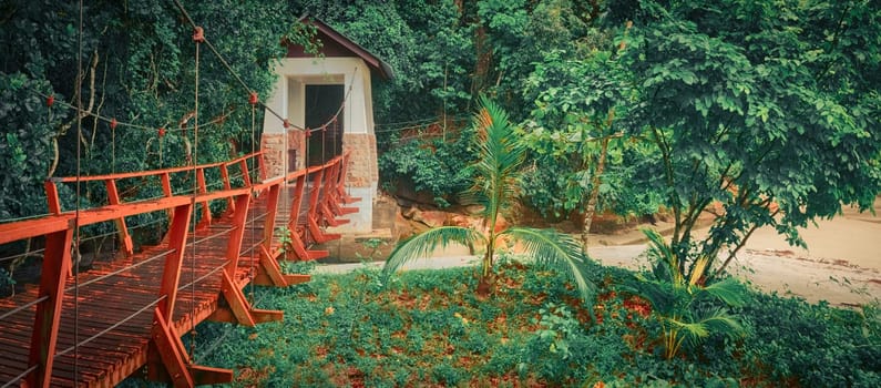 Footbridge at Penang national park at rainy day, Malaysia. Panorama