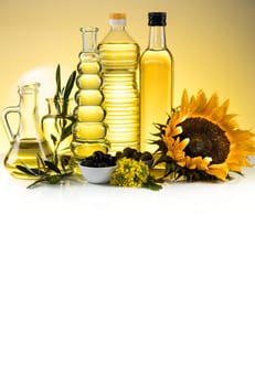 Healthy oil from sunflower, olive, rapeseed oil. Cooking oils in bottle