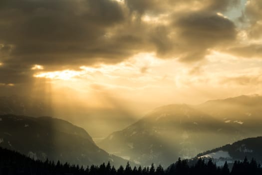 Mountains, winter landscape, Sunset background