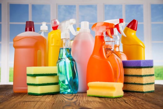Assorted cleaning products, equipment background