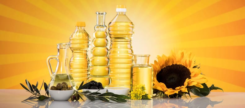 Healthy oil from sunflower, olive, rapeseed oil. Cooking oils in bottle