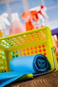 Set of cleaning products, equipment background