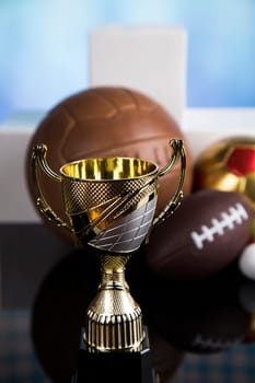 Winning trophy championship award, sport stadium background