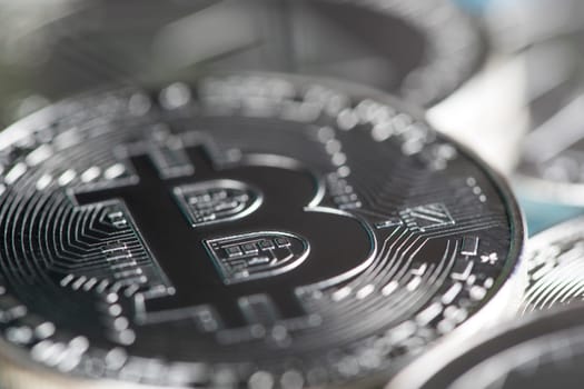 Cryptocurrencys new digital money, Bitcoin, litecoin, etherium coins close up