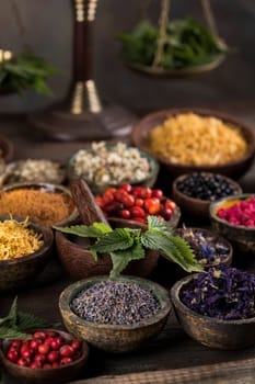 Natural remedy and wooden table background