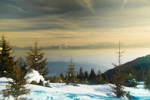Mountains, winter landscape, Sunset background