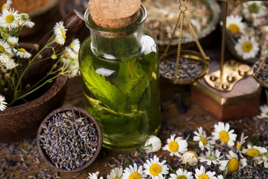 Fresh herbs and oils, wooden table background