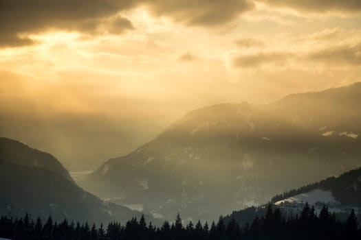 Mountains, winter landscape, Sunset background