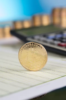 Golden Bitcoin Coin, virtual money, financial concept