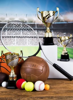 Winning trophy championship award, sport stadium background