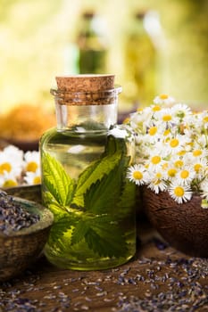 Oil and Natural medicine, wooden table background