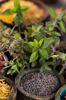Natural remedy and wooden table background