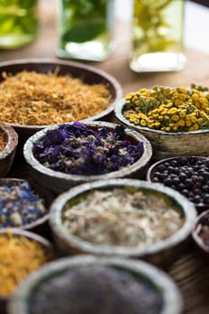 Natural remedy,Herbal medicine and wooden table background