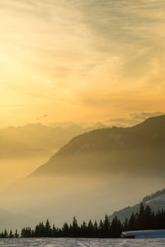 Mountains, winter landscape, Sunset background