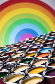 Group of tin metal cans with color paint