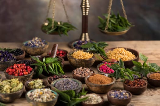 Alternative medicine, dried herbs background