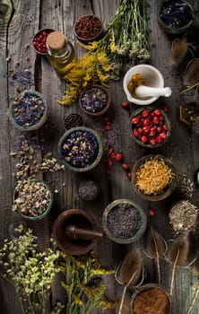 Homeopathy, herbal medicine on wooden table