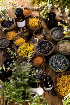 Natural remedy and wooden table background