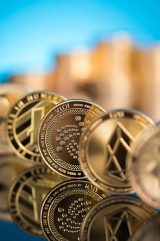 Cryptocurrencys new digital money, Bitcoin, litecoin, etherium coins close up