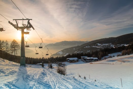 Cableway in Mountains, winter nature landscape