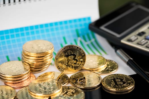 Virtual money, Currency. Bitcoin coins, financial