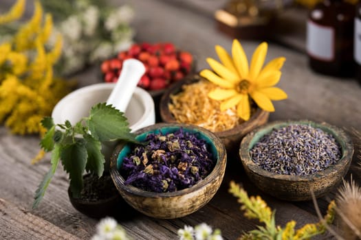 Homeopathy, herbal medicine on wooden table