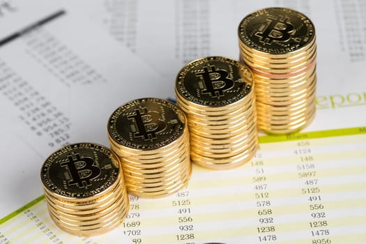Golden Bitcoin Coin, virtual money, financial concept