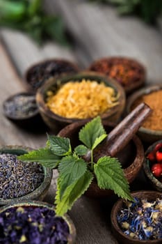Natural remedy and wooden table background