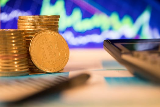 Golden Bitcoin Coin, virtual money, financial concept