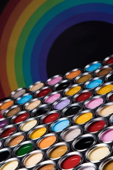Open buckets with a paint, colors background
