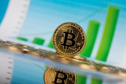 Golden Bitcoin Coin, virtual money, financial chart