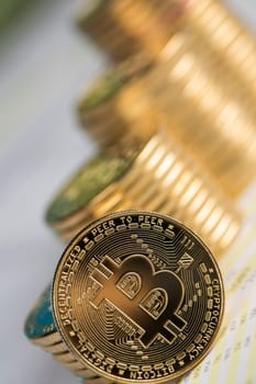 Virtual money, Currency. Bitcoin coins, financial