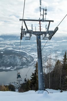 Cableway in Mountains, winter nature landscape