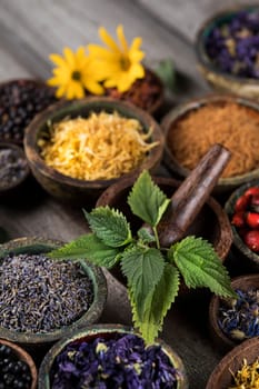 Natural remedy,Herbal medicine and wooden table background
