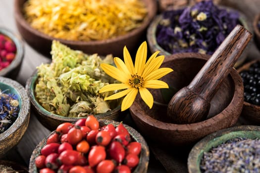 Natural remedy and wooden table background