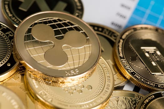 Cryptocurrencys new digital money, Bitcoin, litecoin, etherium coins close up