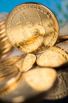 Virtual money, Currency. Bitcoin coins, financial