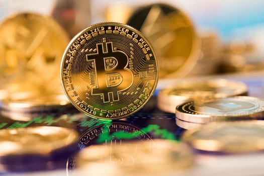 Cryptocurrencys new digital money, Bitcoin, litecoin, etherium coins close up