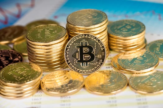 Virtual money, Currency. Bitcoin coins, financial