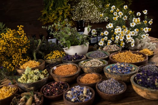 Natural remedy and wooden table background