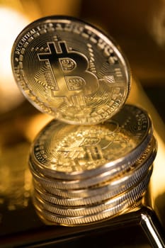Virtual money, Currency. Bitcoin coins, financial