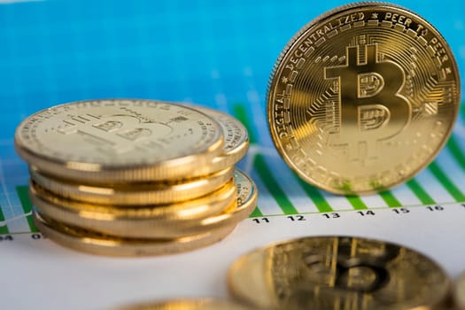 Golden Bitcoin Coin, virtual money, financial chart