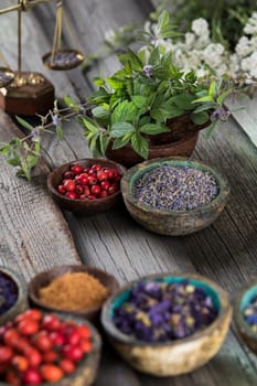 Homeopathy, herbal medicine on wooden table