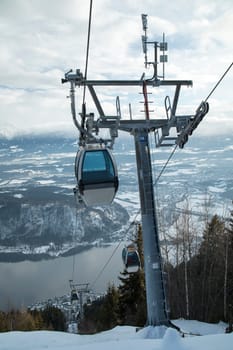 Cableway in Mountains, winter nature landscape