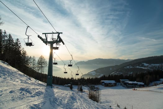 Cableway in Mountains, winter nature landscape