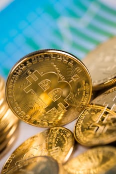 Virtual money, Currency. Bitcoin coins, financial